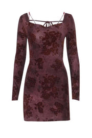 Burgundy Long Sleeves Floral Tight Short Dress