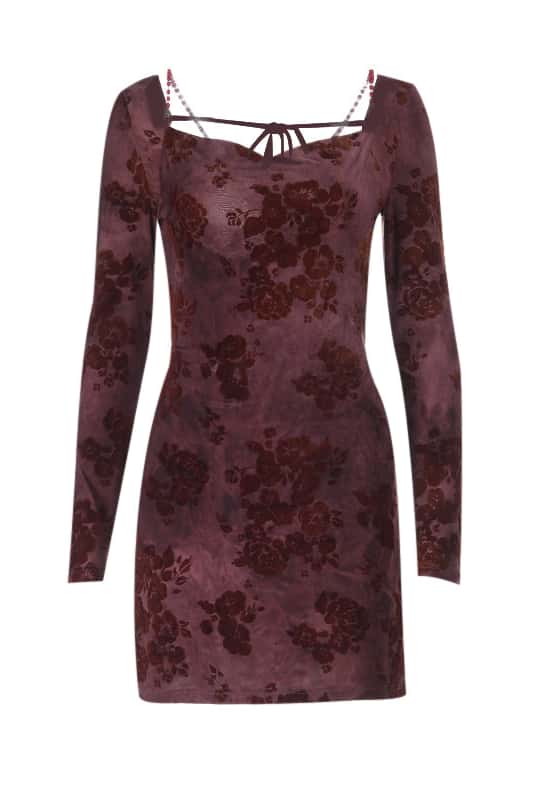 Burgundy Long Sleeves Floral Tight Short Dress