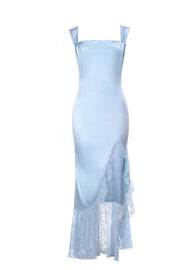 Light Blue Soft Satin Fitted Slit Dress