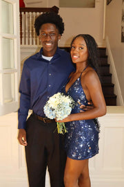 Halter Navy Blue Sequin Tight Short Dress