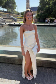 Off-white Satin Twist Fitted Slit Dress