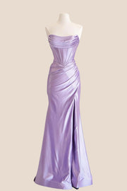 Cowl Neck Lavender Satin Fitted Prom Dress