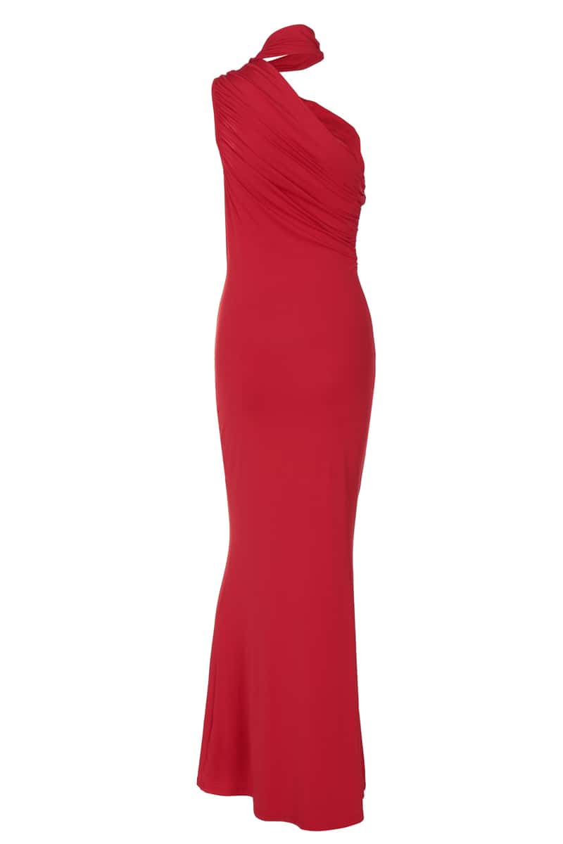 Red One Shoulder Halter Fitted Long Dresss
