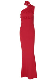 Red One Shoulder Halter Fitted Long Dresss