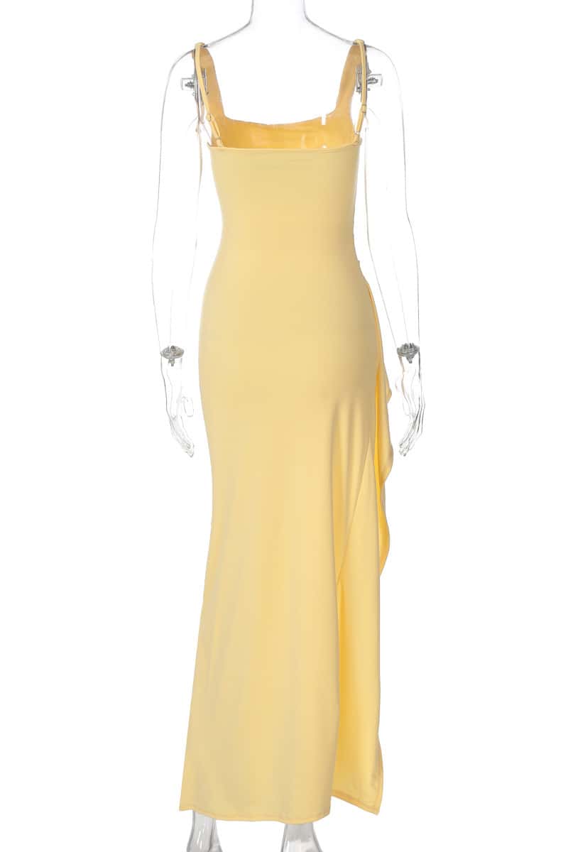 Yellow Spandex Square Neck Frill Long Dress
