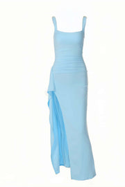 Burgundy Spandex Square Neck Frill Long Dress