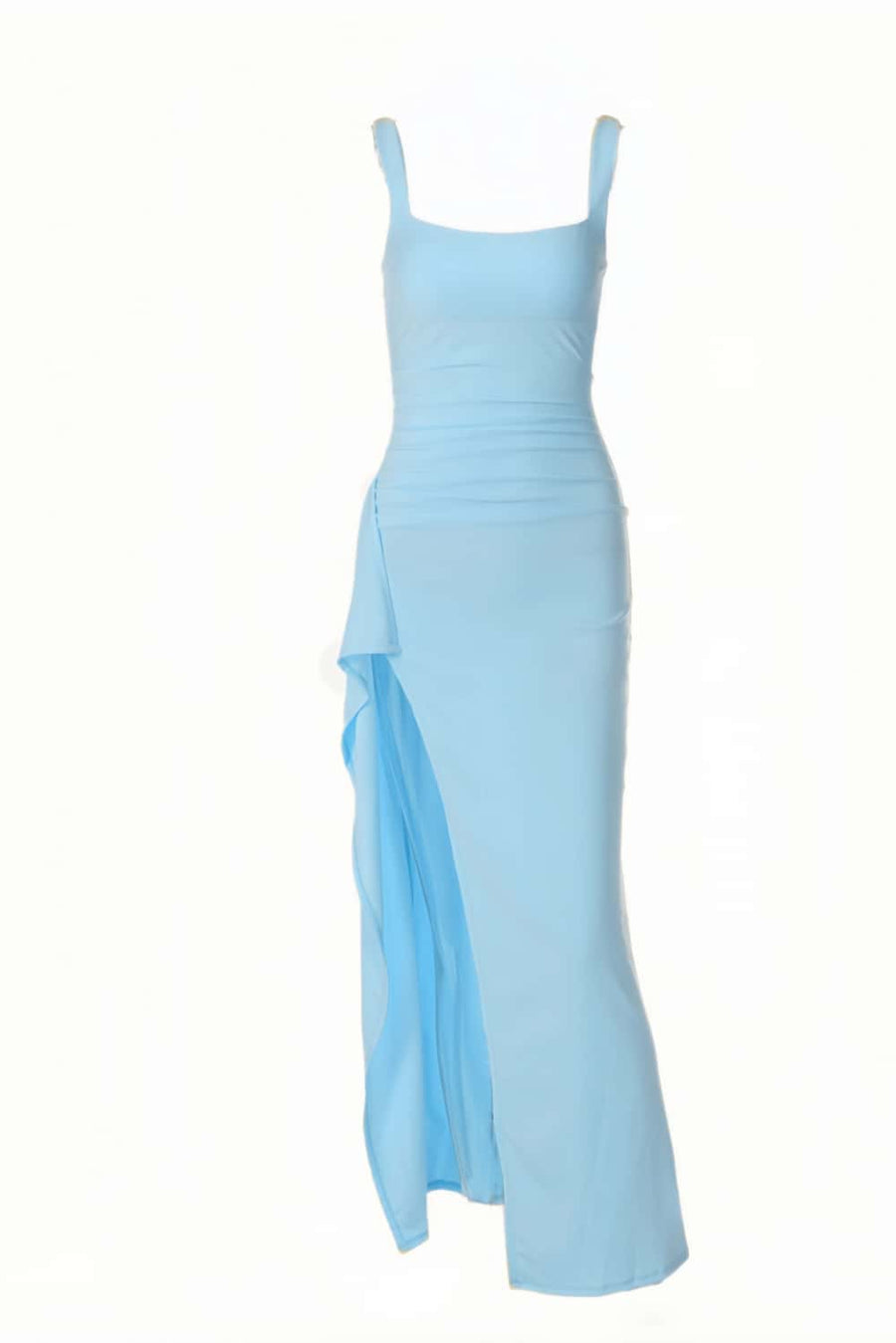 Burgundy Spandex Square Neck Frill Long Dress