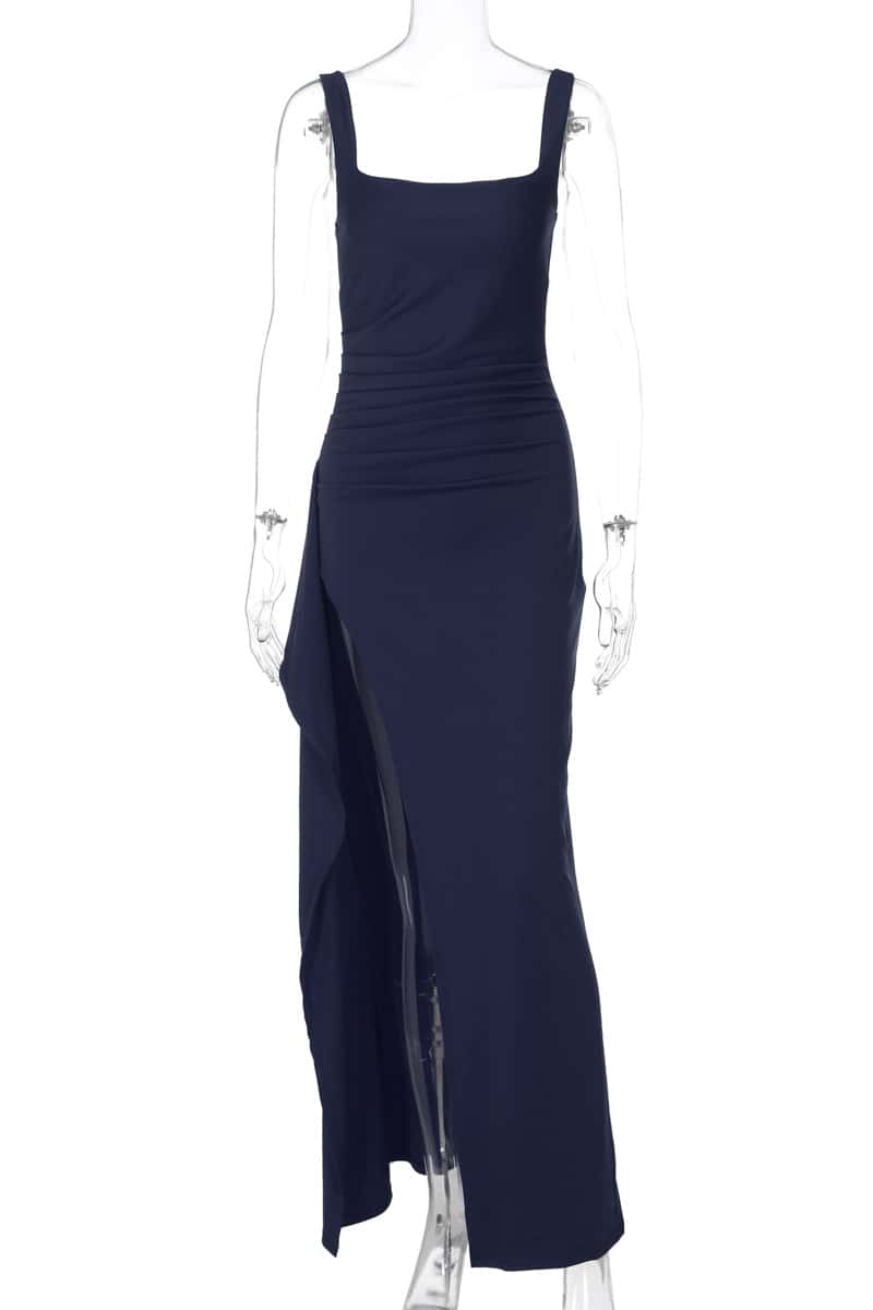 Burgundy Spandex Square Neck Frill Long Dress