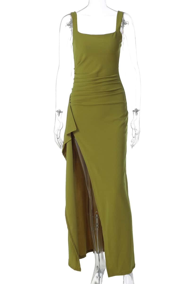 Burgundy Spandex Square Neck Frill Long Dress