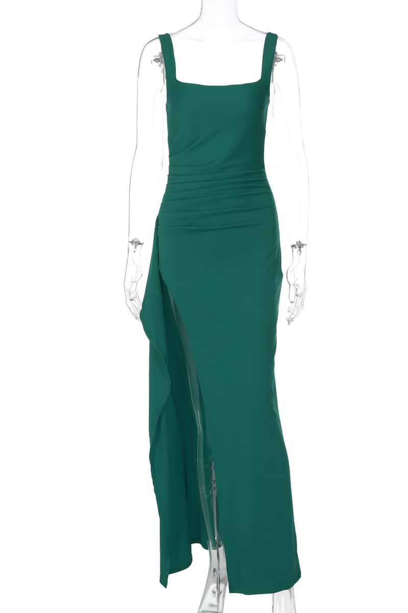 Burgundy Spandex Square Neck Frill Long Dress