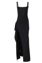 Burgundy Spandex Square Neck Frill Long Dress