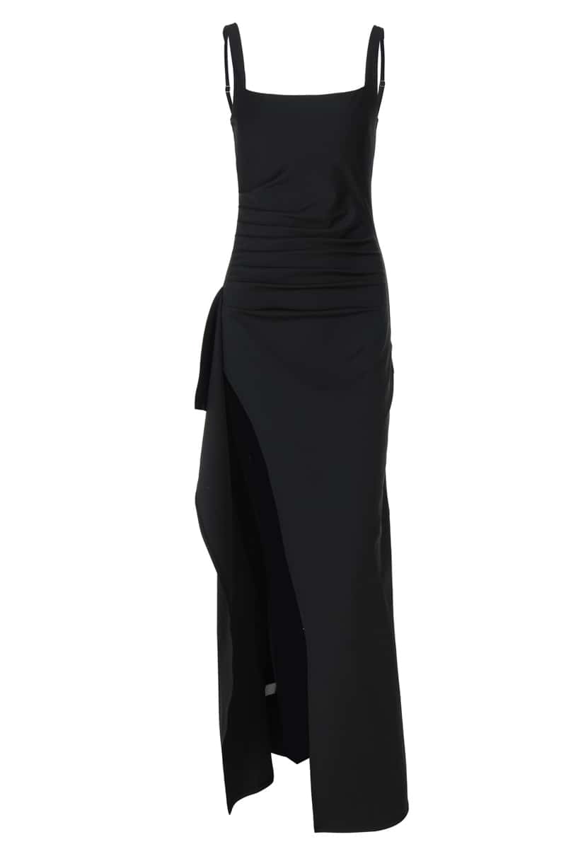 Burgundy Spandex Square Neck Frill Long Dress