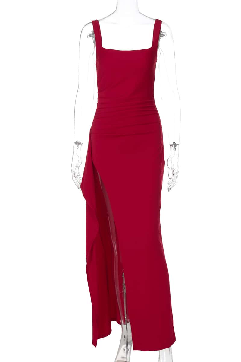 Burgundy Spandex Square Neck Frill Long Dress