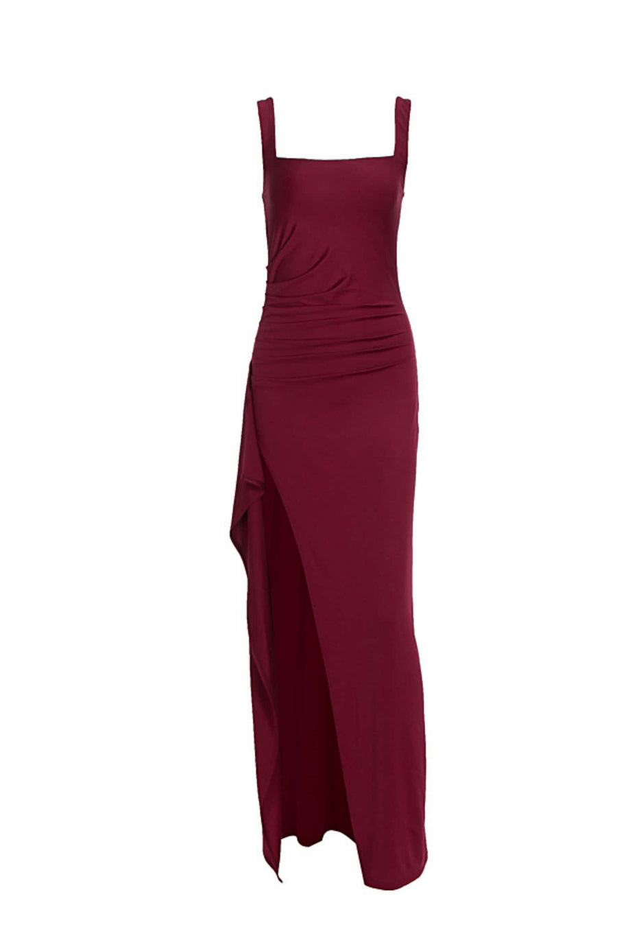 Burgundy Spandex Square Neck Frill Long Dress