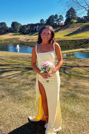 Yellow Spandex Square Neck Frill Long Dress