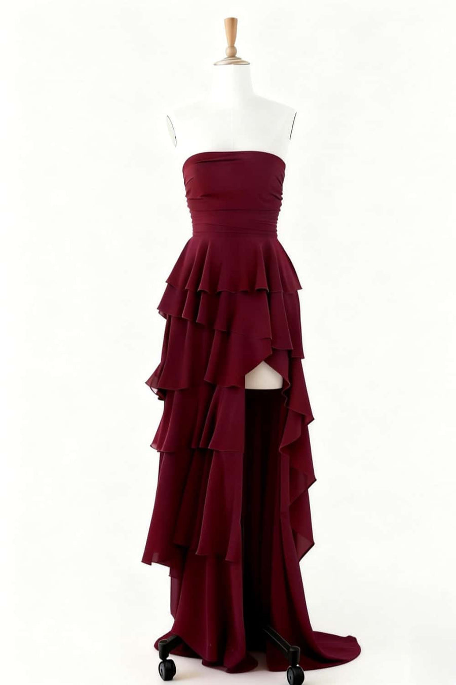 Strapless Burgundy Chiffon Ruffle Maxi Dress
