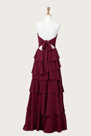 Strapless Burgundy Chiffon Ruffle Maxi Dress