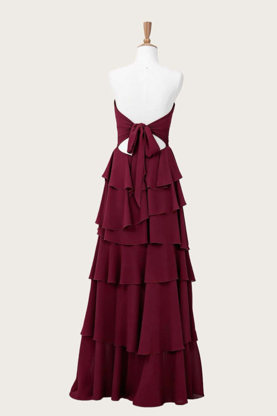 Strapless Burgundy Chiffon Ruffle Maxi Dress
