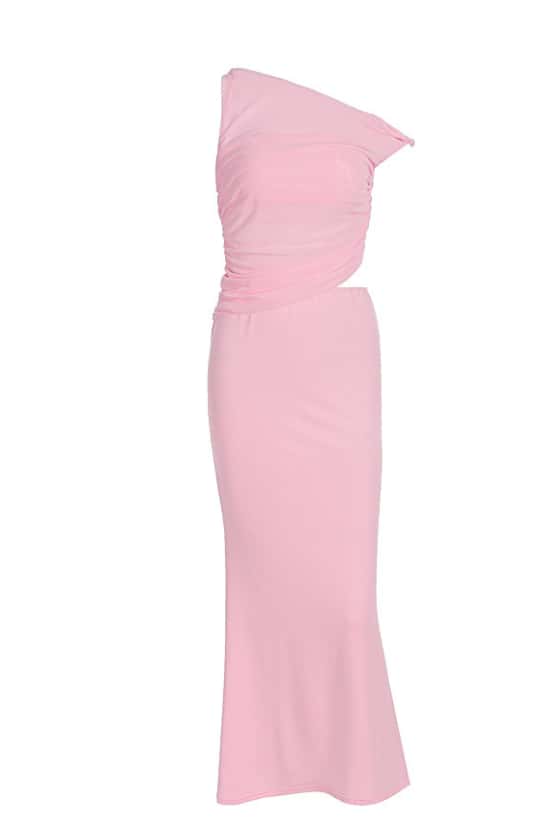 One Shoulder Pink Cutout Fitted Long Dress