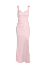 Pink Cowl Neck Fitted Slit Long Dress