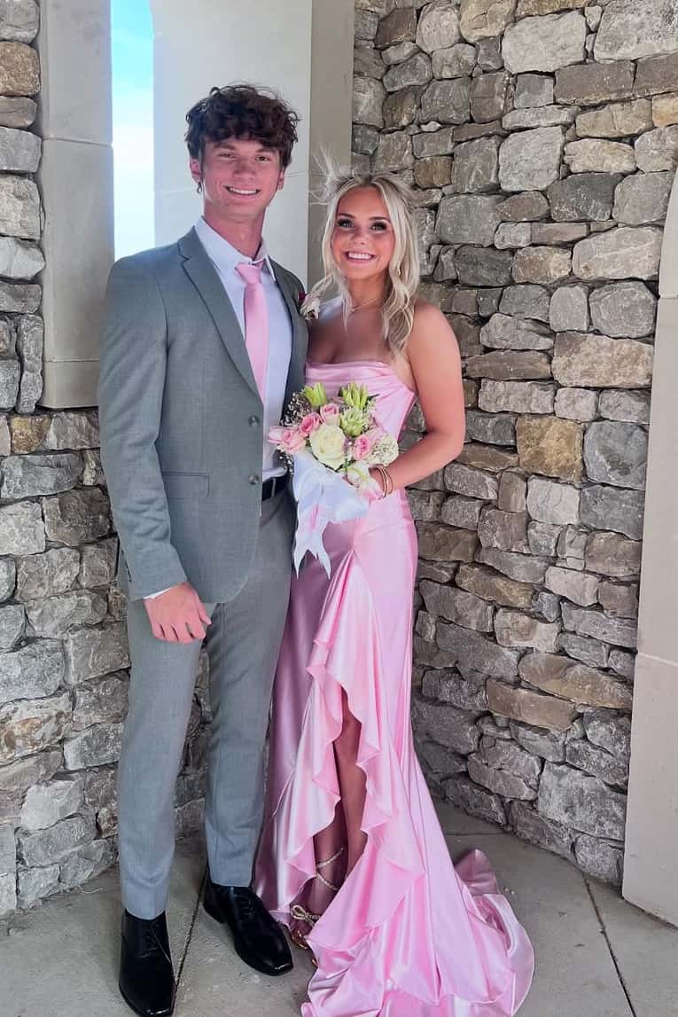 Yellow Satin Cowl Neck Frill Slit Long Dress