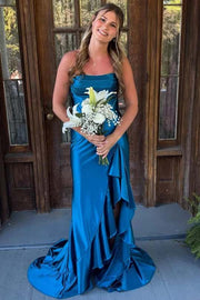 Yellow Satin Cowl Neck Frill Slit Long Dress