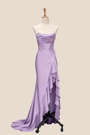 Yellow Satin Cowl Neck Frill Slit Long Dress