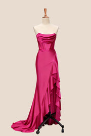 Yellow Satin Cowl Neck Frill Slit Long Dress