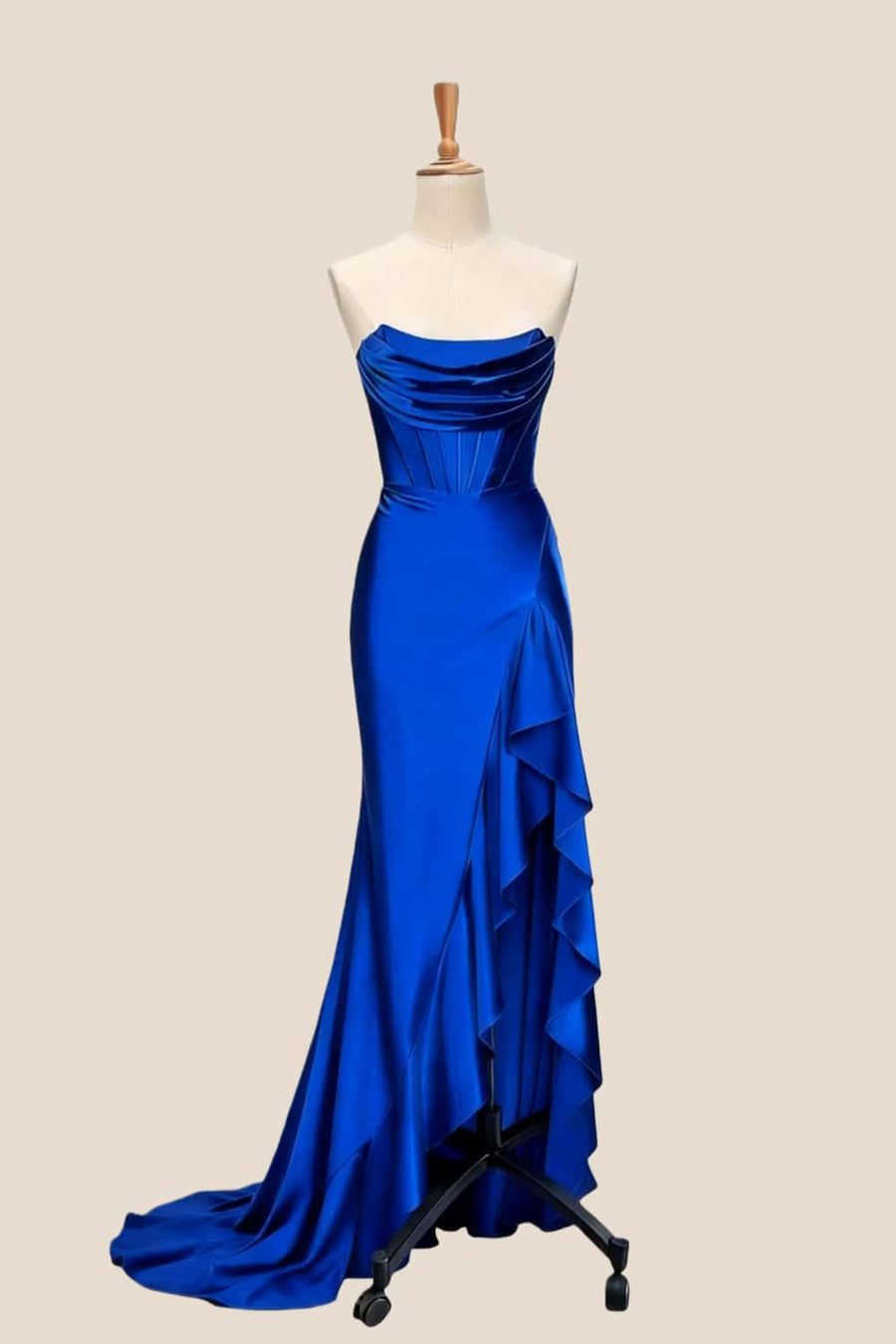 Yellow Satin Cowl Neck Frill Slit Long Dress