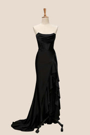 Yellow Satin Cowl Neck Frill Slit Long Dress