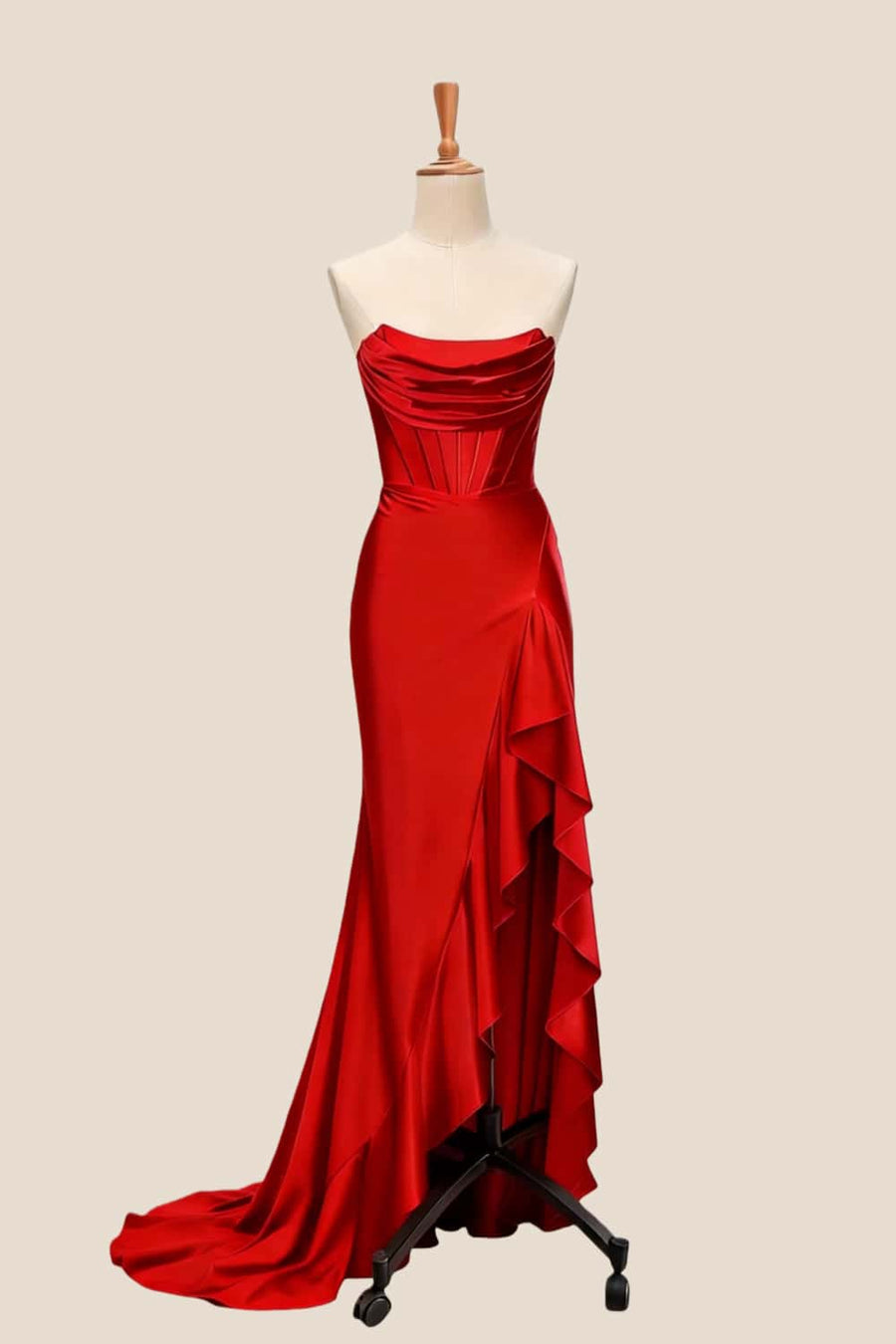 Yellow Satin Cowl Neck Frill Slit Long Dress