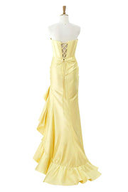 Yellow Satin Cowl Neck Frill Slit Long Dress