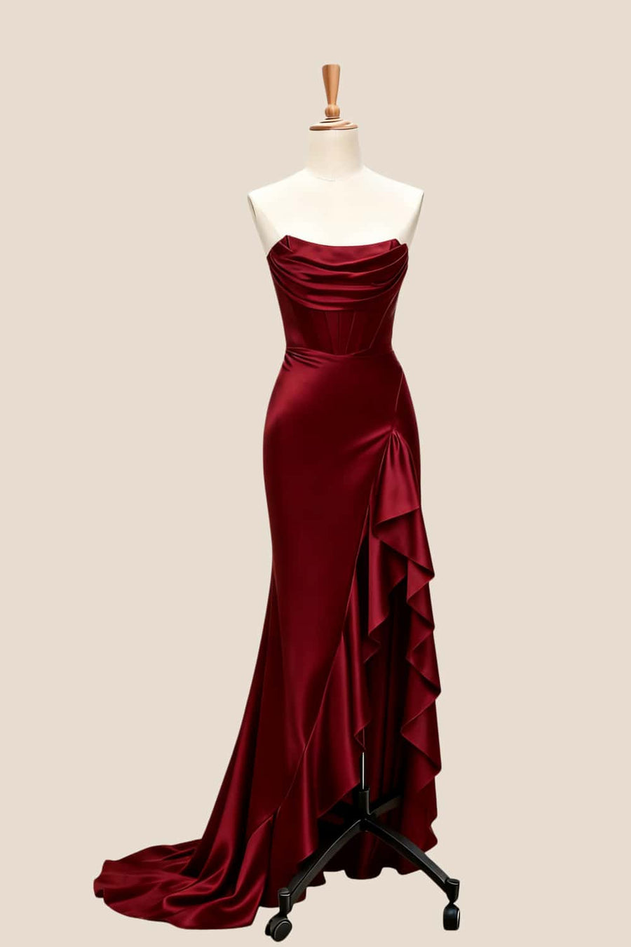 Purple Satin Cowl Neck Frill Slit Long Dress