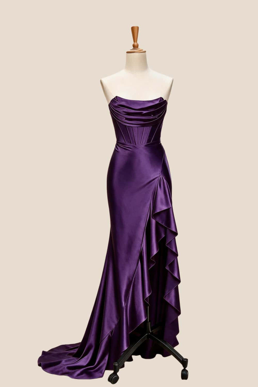 Purple Satin Cowl Neck Frill Slit Long Dress