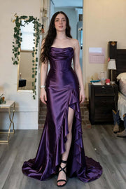 Purple Satin Cowl Neck Frill Slit Long Dress
