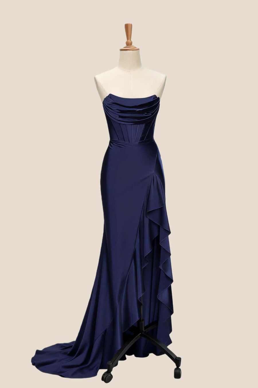 Yellow Satin Cowl Neck Frill Slit Long Dress