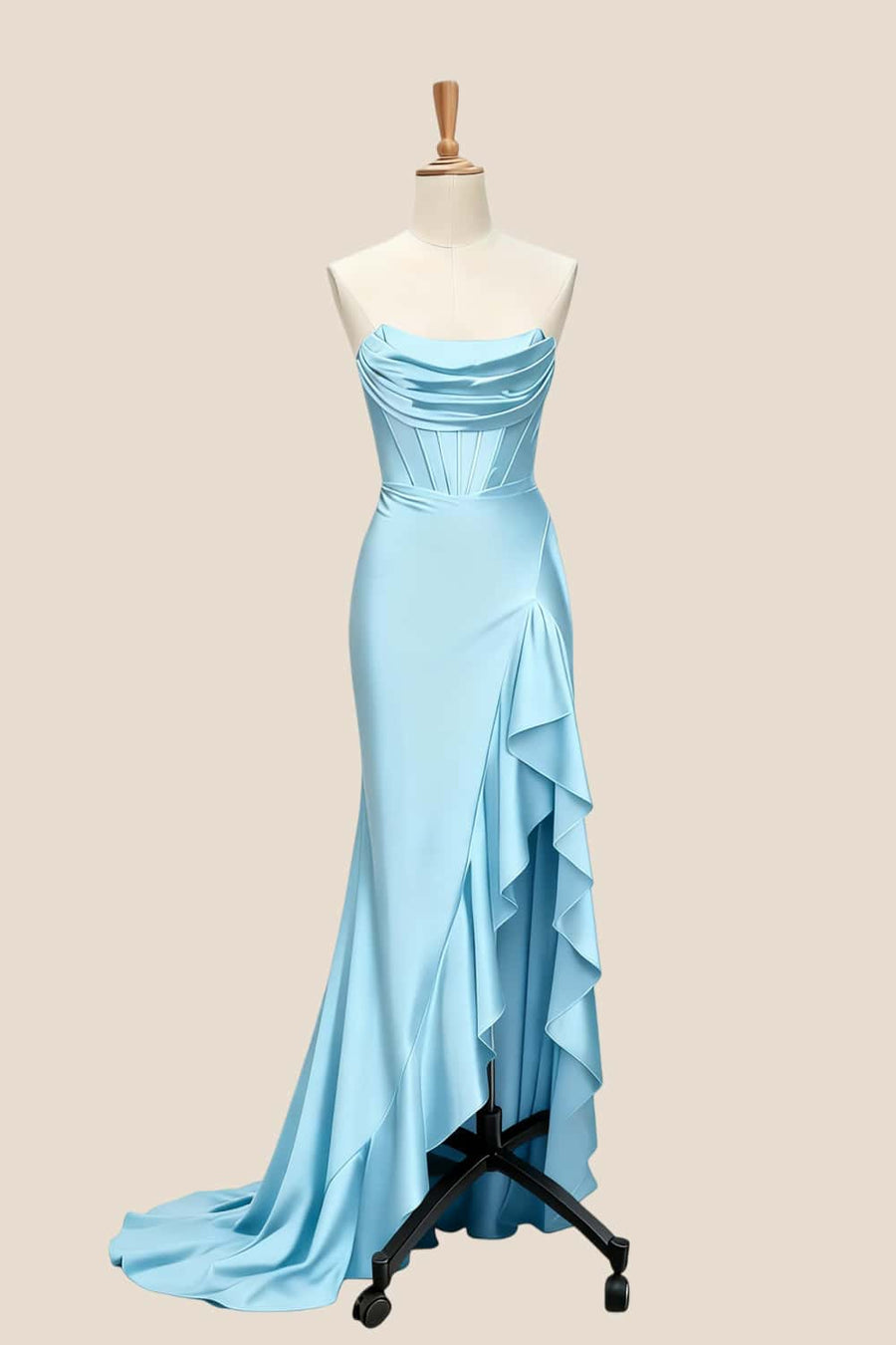 Yellow Satin Cowl Neck Frill Slit Long Dress