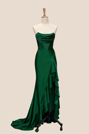 Yellow Satin Cowl Neck Frill Slit Long Dress