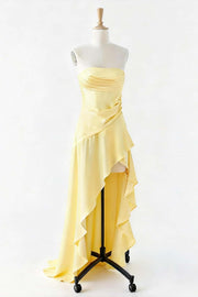 Yellow Satin Cowl Neck Frill Slit Long Dress
