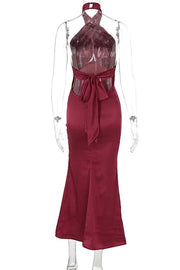 Burgundy Satin Halter Fitted Long Dress