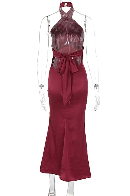 Burgundy Satin Halter Fitted Long Dress