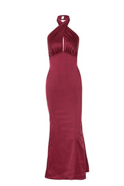 Burgundy Satin Halter Fitted Long Dress