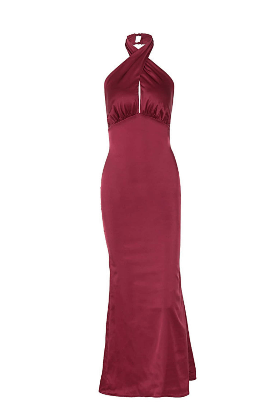 Burgundy Satin Halter Fitted Long Dress