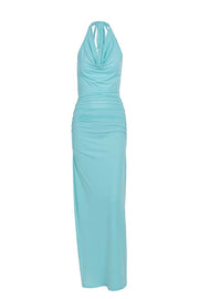 Teal Halter Cowl Neck Fitted Maxi Dress