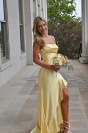 Yellow Satin Cowl Neck Frill Slit Long Dress