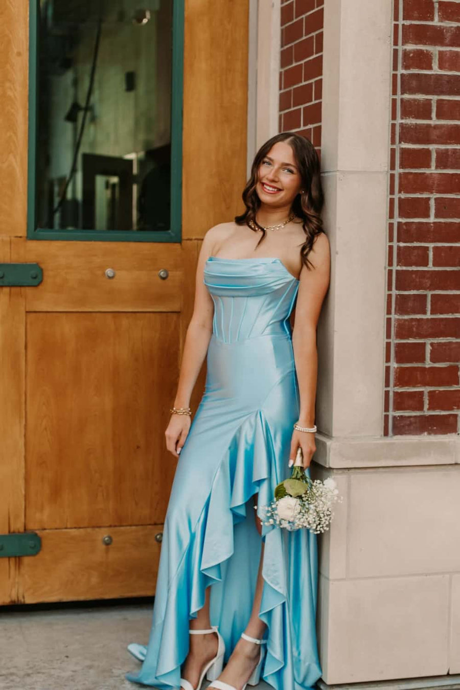 Light Blue Satin Cowl Neck Frill Slit Long Dress – Ohmollydress