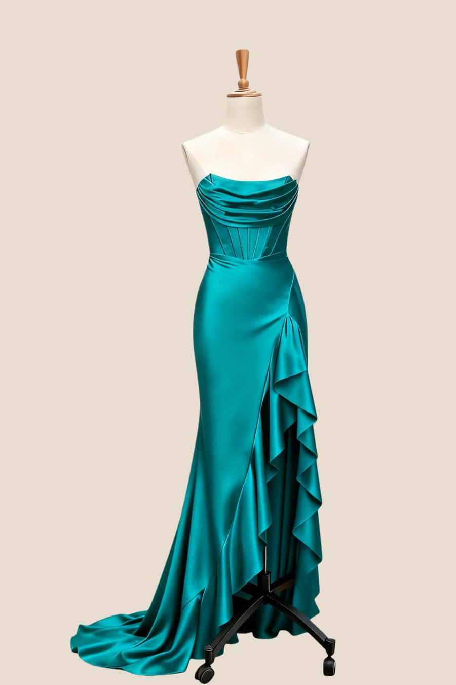Purple Satin Cowl Neck Frill Slit Long Dress