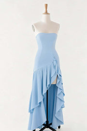 Light Blue Ruffle Fitted Long Dress