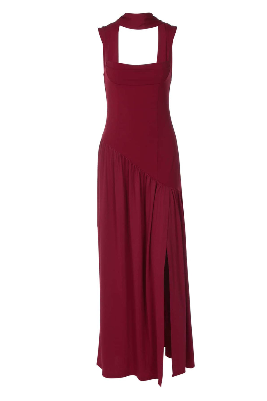 Burgundy Halter Ribbon Side Slit Maxi Dress