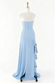 Strapless Light Blue Frill Slit Dress